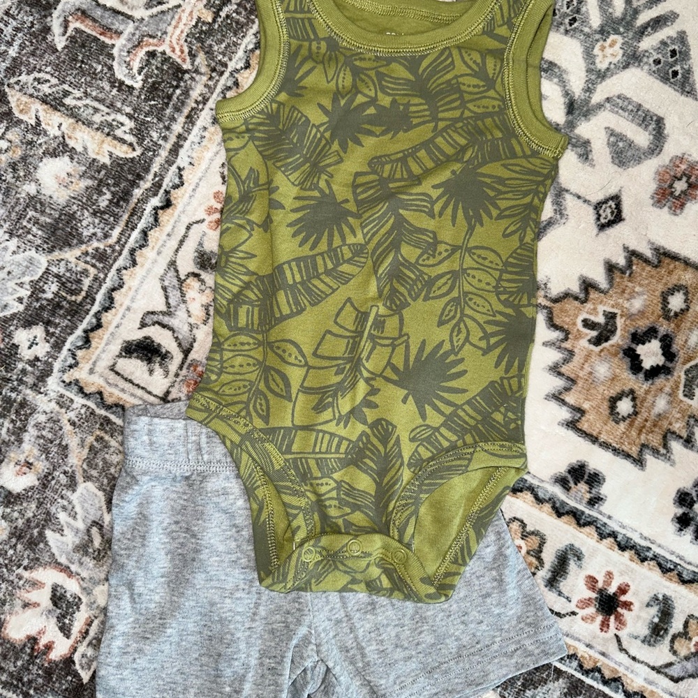 Green Leaf Print Onesie with Gray Shorts